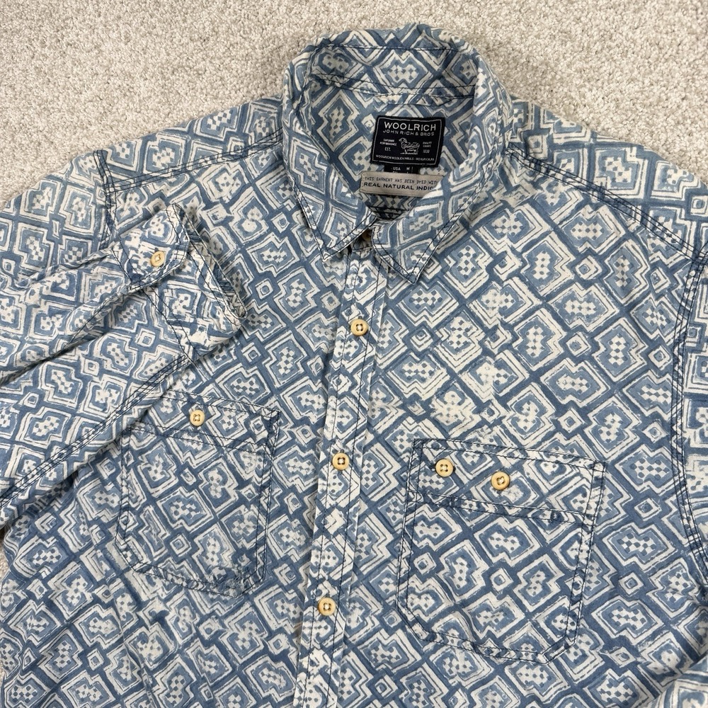 Woolrich Indigo Printed Men's  Shirt- Medium Blue‎ Light Weight